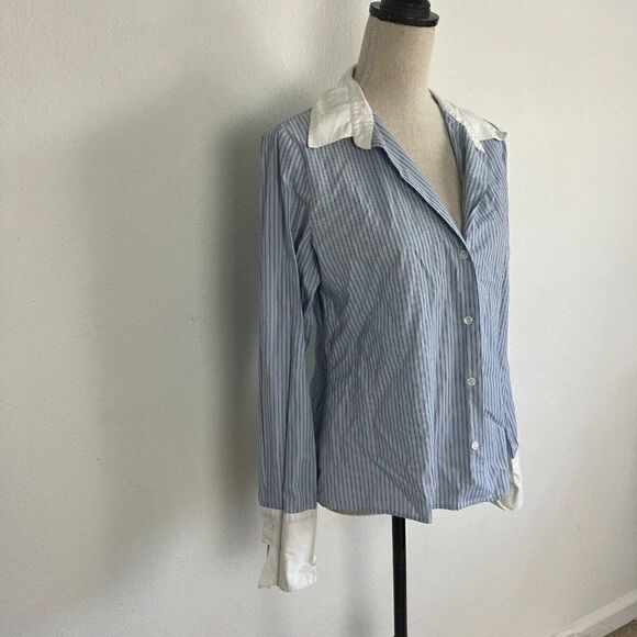 Tailor New York Vintage Y2K Button Down Blue & White Pinstriped Women Blouse Lrg - Picture 7 of 11